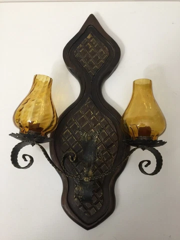 Vintage Spanish Amber Glass Wall Sconce 2 Lights Candle Holders, 18" T x 11" W Cover