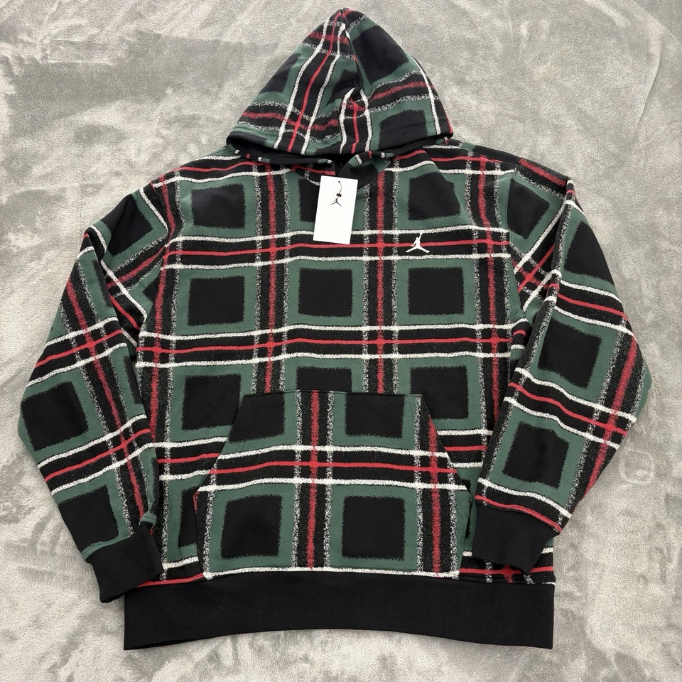 Nike Jordan Hoodie Plaid Green/Red Fleece Pullover Men's Large FV7458-010
