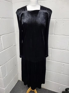 Vintage St Micheal schwarz Samt Drop Waist Kleid Langarm Größe 14. PW - Bild 1 von 10