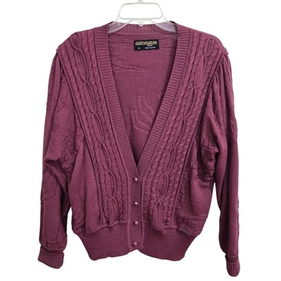 Vintage Geiger Pure Wool Cable Knit Cardigan Size 38/6 Burgundy Floral Back EUC - Image 1 of 4