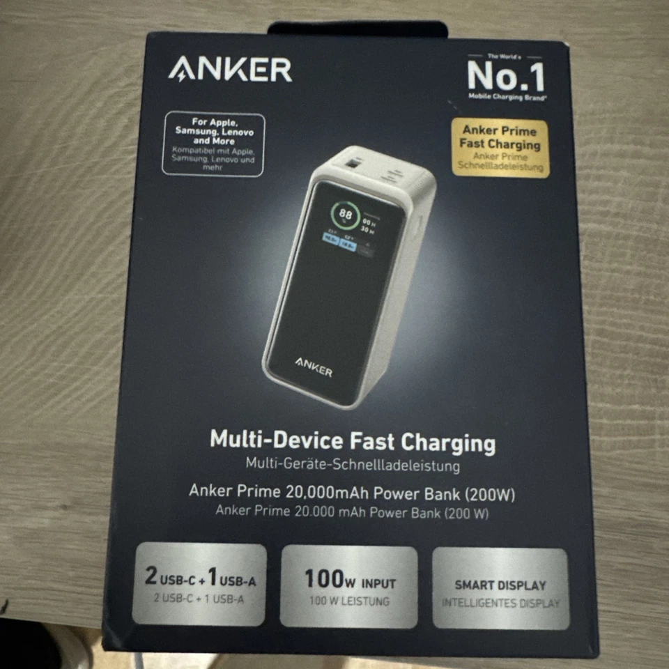 Anker Prime 200W Power Bank 20,000mAh Portable Charger Gold, 2 USB-C, 1 USB-A - Image 1 of 1
