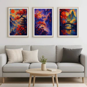 Strukturelle östliche Landschaft Poster 3er Set | Lebendige Pagode Sonnenuntergang Wanddeko - Bild 1 von 6