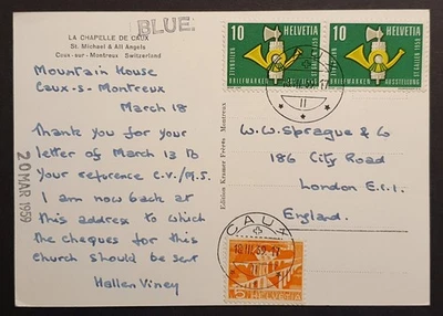 Sellos de Suiza 1959 postal de colección al Reino Unido Caux cancelar recibos impares del Reino Unido pmks Foto 1 de 2