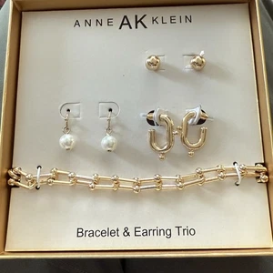Anne Klein Gold Link Bracelet & Earring Trio Gold Pearl NIB - Picture 1 of 4