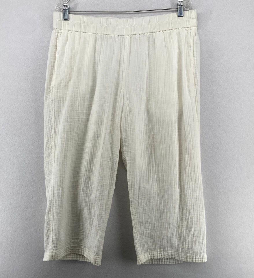 Pantalones EILEEN FISHER L Algodón Orgánico Gasa Arrugada Recortados Pull On Off Blanco Foto 1 de 4