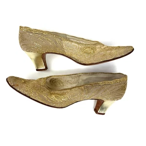 VTG 40s 50's Deliso Gold Lame Embroidered Mesh Old Hollywood Pumps Tiny Sz. 4.5B - Picture 1 of 11