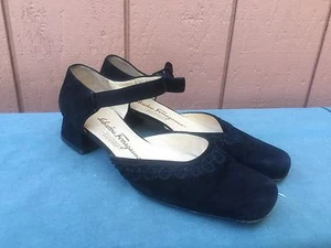 AUTH SALVATORE FERRAGAMO Sandals Black Suede Leather Shoes US Sz 8 B - Picture 1 of 7