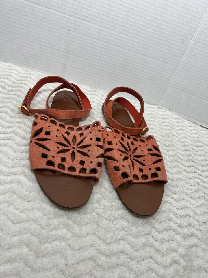Tory Burch 橙色麂皮绒穿孔五月踝包裹平底凉鞋女式 10M 码 — 第 1/4 张图片