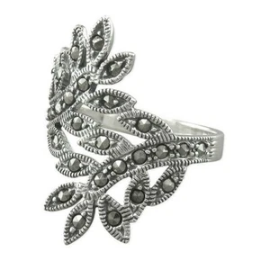 Marcasite Crossover Leaves Ring Solid Sterling Silver 925 Hallmark Size M - R - Picture 1 of 3