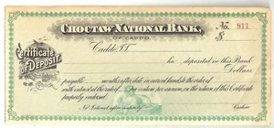 Native American Bank Scheck Choctaw National Bank of Caddo Indian Territory - Bild 1 von 2