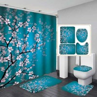 Cherry Blossoms Door Bath Mat Toilet Cover Rugs Shower Curtain Bathroom Set