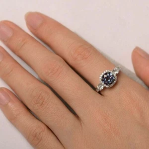 2.50Ct Round Cut Alexandrite Diamond Halo Engagement Ring 14K White Gold Finish - Picture 1 of 4