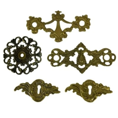 Brass Metal Furniture Embellishments Set Of 5 Vintage Decorative Hardware Pieces - Image 1 of 4