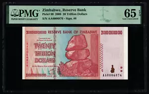 Zimbabwe 20 Trillion Dollars 2008 PMG 65 Gem Uncirculated EPQ P89 Low S/N AA000 - Picture 1 of 6