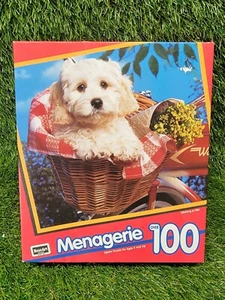 Vtg 1993 RoseArt Menagerie Jigsaw Puzzle 100 Hitching A Ride White Puppy Dog - Picture 1 of 17