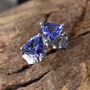 Trillion Shape AAAA Tanzanite Stud Earring in Platinum Plated Sterling Silver