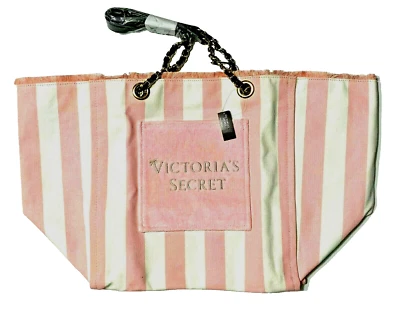 Victorias Secret 粉色和白色条纹大号帆布托特包沙滩包链条带 — 第 1/4 张图片