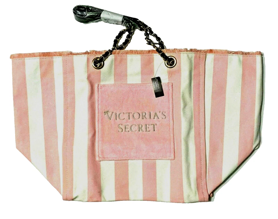 Victoria's Secret Pink White Stripe Canvas Tote Beach Bag June 2020 FREESHIP