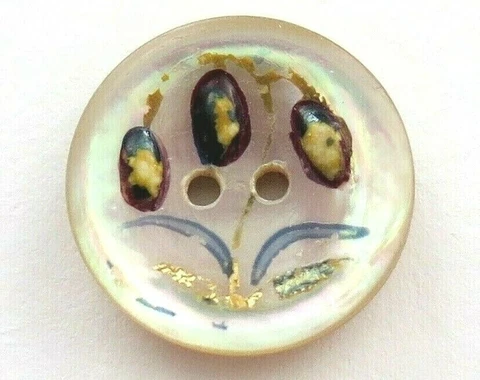 Antique Encrusted Pearl Shell Button - Cattails, Flowers, Plant Life Cover