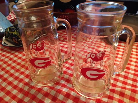 Set of Two Vintage University of Georgia Bulldogs Clear College Glass Mug 7"in Cover