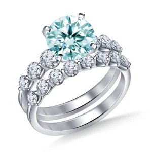 3.02 Ct Vvs1 :Blue White Moissanite Diamond Round Matching Bridal Silver Ring - Picture 1 of 3