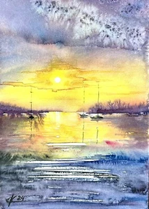 Original Watercolor Painting Sea scape sunset regatta yachts bright home decor - Picture 1 of 8