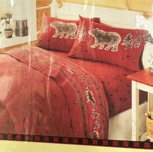 Woolrich QUEEN Größe 100% Baumwolle SPANNBETTLAKEN Flanell Bär Bäume rustikal Hütte rot - Bild 1 von 3