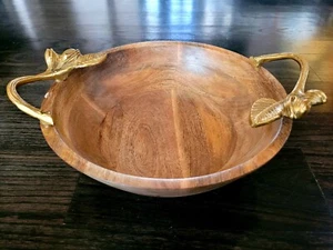 Cuenco de madera de mango vintage con brotes de flores de latón asas de hojas de madera de 9" - Imagen 1 de 12