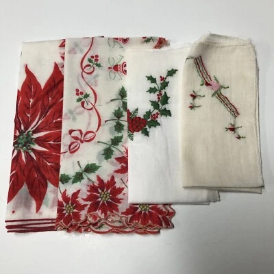 4 Vtg Christmas Holiday Hankie Handkerchiefs Bells Poinsettias Candles Red White - Image 1 of 4