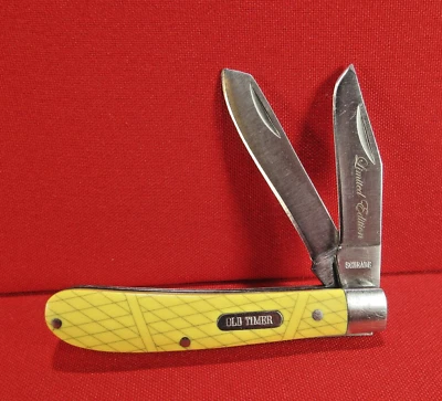 SCHRADE Old Timer Trapper 1112440 Rare limited Edition Yellow Grey Stripes 2 Bld - Image 1 of 4