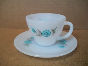Vintage Fire King ~ Bonnie Blue Carnation Flower ~ Cup & Saucer ~ Milk Glass - Picture 1 of 11