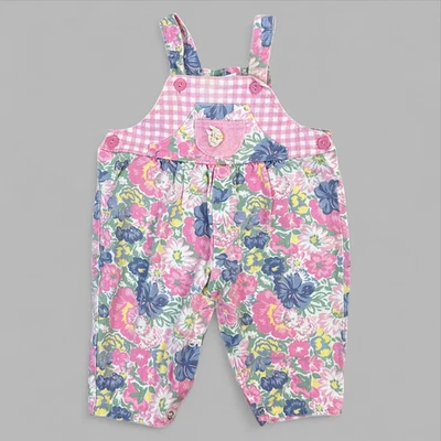 Винтажный детский комбинезон цветочный розовый клетчатый хлопок джемпер 80-х 90-х размер 6-9 месяцев - Изображение 1 из 4