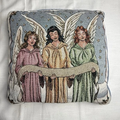 "Almohada tapiz vintage Martha Stewart 3 ángeles azul 15"" cuadrada" Foto 1 de 4