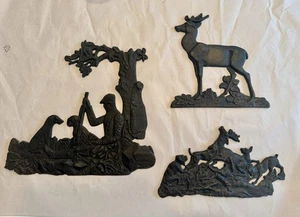3x Gusseisen Wandrelief Wild Hirsch Jagd Jäger Jagdhunde Antik Jagdszene - Bild 1 von 7