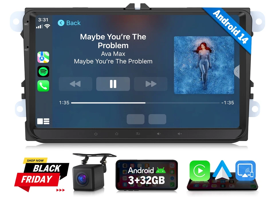 9" IPS Android 14 CarPlay Autoradio Navi Bluetooth Kamera für VW Passat B6 B7 CC - Bild 1 von 4