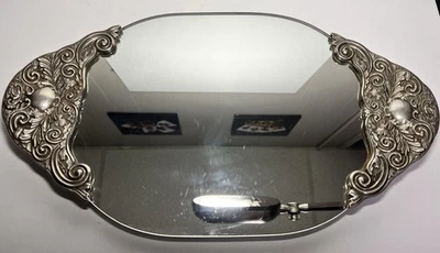Vanity mirror silver plate edge oval with 4 legs Art Deco Dresser Decor 15.5 - Image 1 of 3