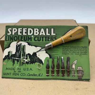 Vintage Wood-Handled Speedball Linoleum Cutter Tool w/ 6 Blades -Original Card - Image 1 of 4
