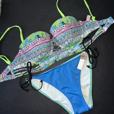 Victoria's Secret 34DD CORSÉ TOP BIKINI XL inferior BALI bordado AZUL VERDE Foto 1 de 3