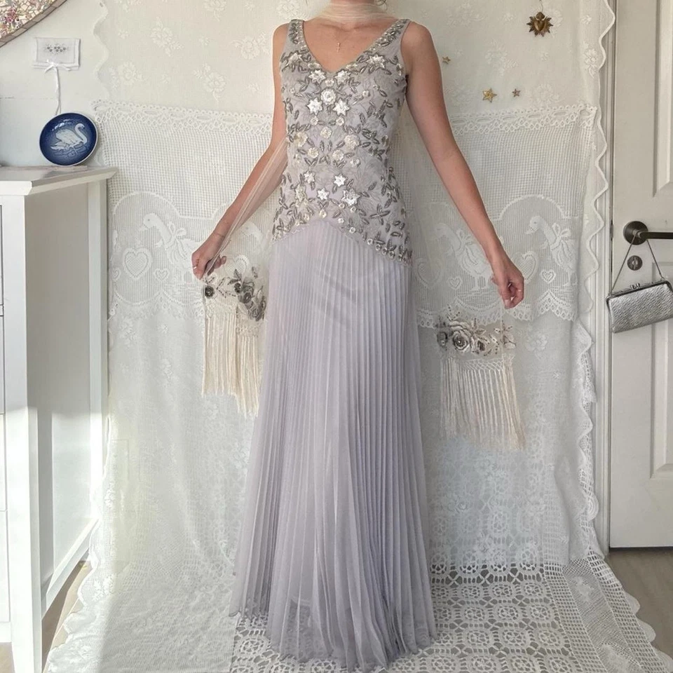 90s / Y2K Sue Wong silver floral beaded and sequin maxi dress with fringe scarf - Image 1 of 4