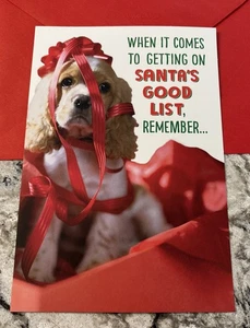 Biglietto di auguri Natale divertente cane carino cattivo simpatico Babbo Natale lista 5,5"x8" Hallmark - Foto 1 di 11