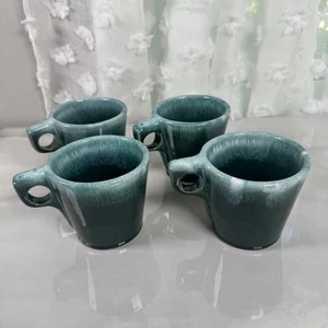 Set of 4 Vintage Midcentury Oven Proof O Handle Mugs Green White USA Flawed - Picture 1 of 13