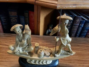 Nice cast stone or resin 2 Oriental fishermen on boat with fish- 9 1/2" x 7 1/2" - Picture 1 of 6