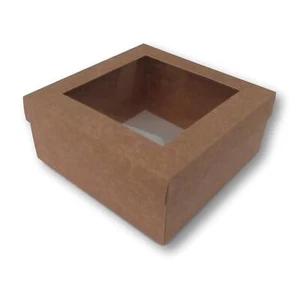 100 KRAFT BROWN 5 x 5 INCH BOX WITH WINDOW LID, GIFTS, GARMENTS, CAKES ETC - Picture 1 of 3