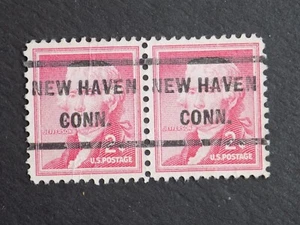(1) USED PAIR OF U. S. precan. stamps 2 C JEFFERSON W/A NEW HAVEN, CONN. PC - Picture 1 of 2