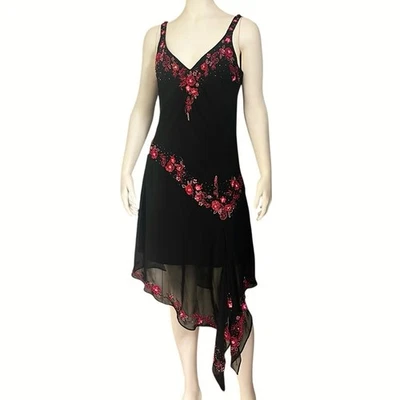 R&M Richards 14P Black Red Beaded Floral Dress Asymmetrical Hem Cocktail Evening - Image 1 of 4