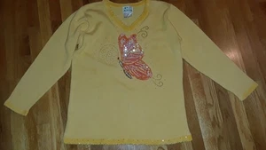 Ladies Quacker Factory Yellow Pink Sequin Beaded Butterfly Sweater Size Large - Picture 1 of 4