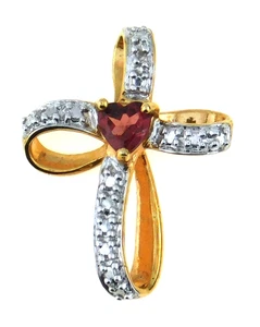 Signed Gold Over 925 Sterling Silver Small Ribbon Cross Pendant w Garnet - Picture 1 of 7