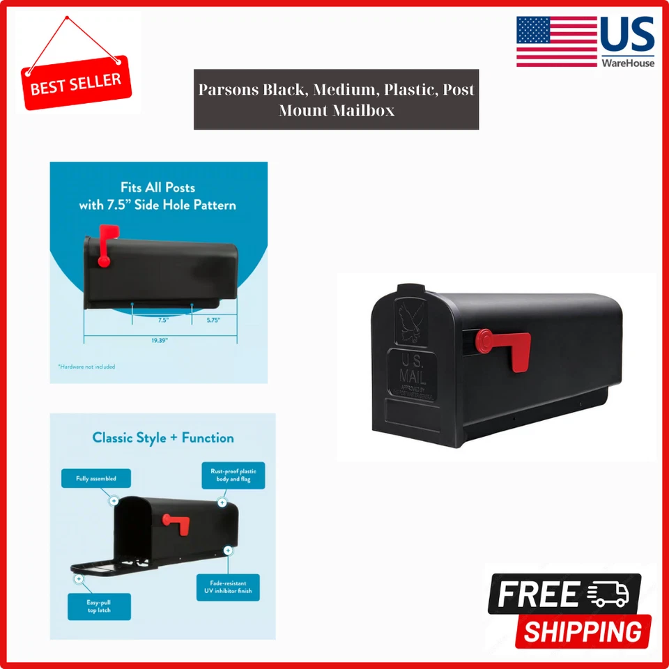 Parsons Post-Mount Mailbox Medium Black Plastic - PL10B0AM