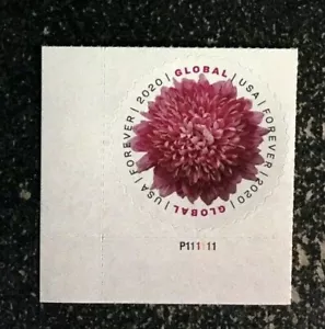 2020USA #5460 Global Forever Rate - Chrysanthemum -  Plate Number Single Mint - Picture 1 of 4