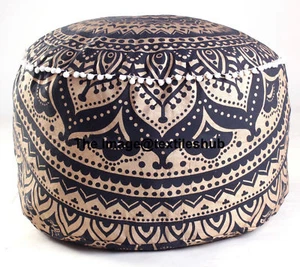 22" New Indian Pouf Ottoman Black Golden Printed Mandala Foot Stool Pouf Covers - Picture 1 of 3